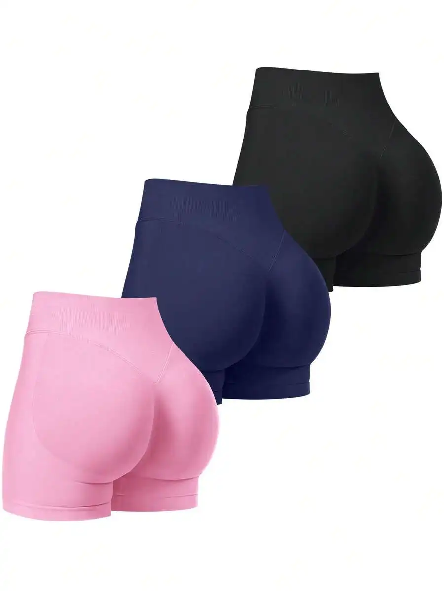 

3PCS Women High Waisted Seamless Scrunch Butt Lifting Yoga Gym Shorts Breathable Stretch Tummy Control