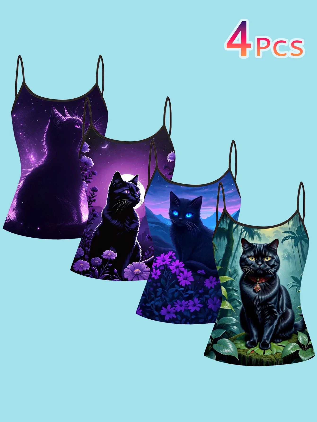 4-Piece Set of Women's Spaghetti Strap Camisoles with Dreamy Starry Sky, Purple Flowers, and Black Cat Oil Painting Print, Slim-Fit Sleeveless Tops, Mysterious Forest Style Outerwear and Inner Layering Shirts