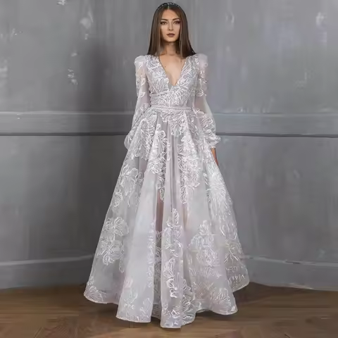 Korea Evening Dresses Lace Floral Embroideried Maxi Dress Formal Gown Photo Shoot Tiered Wedding Party Dress