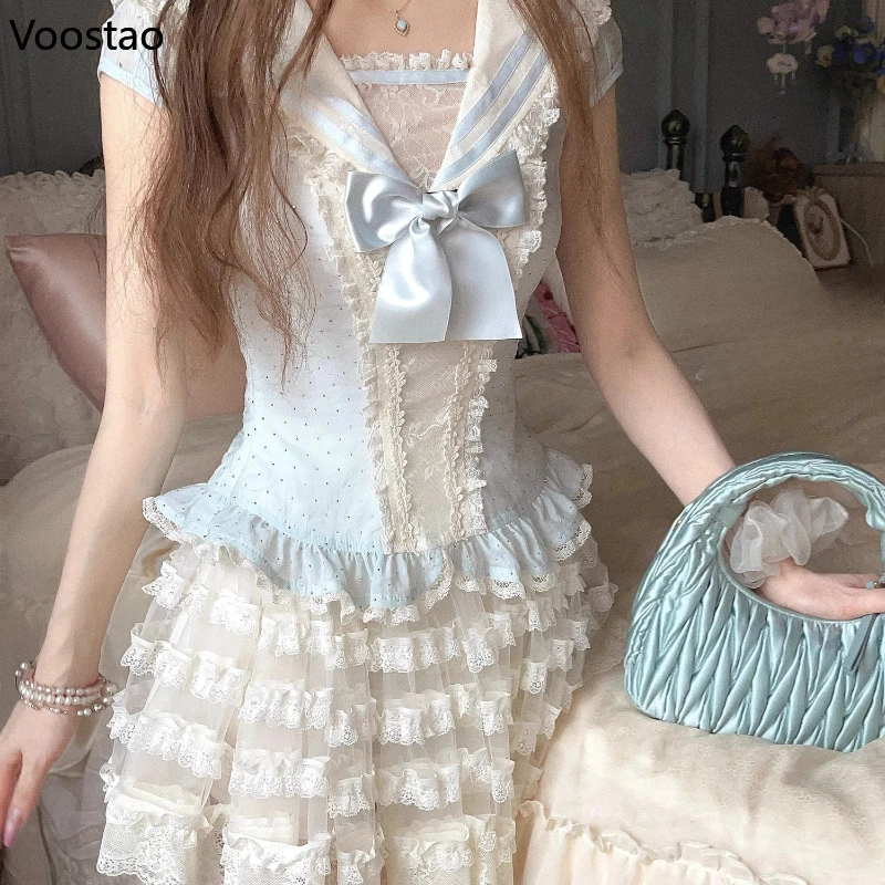 

Japanese Kawaii Lolita Style 2 Piece Set Women Sweet Bow Sailor Collar Blouse Tops Mini Cake Skirt Suit Female Cute Y2k Outfits