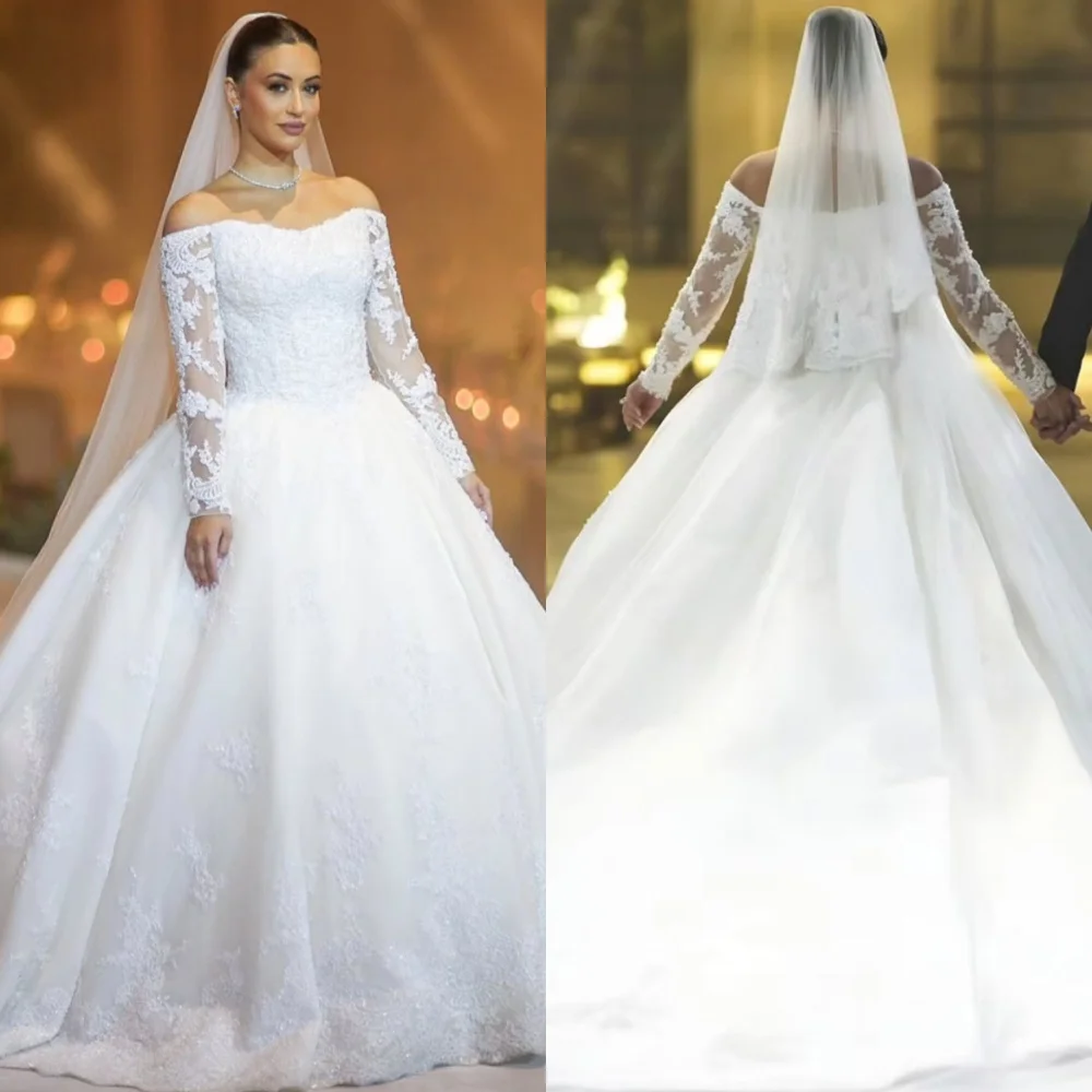 

Customized Exquisite White Satin Wedding Dress Elegant Strapless Long Sleeves Bridal Gowns Chapel Train Zipper Back Dress