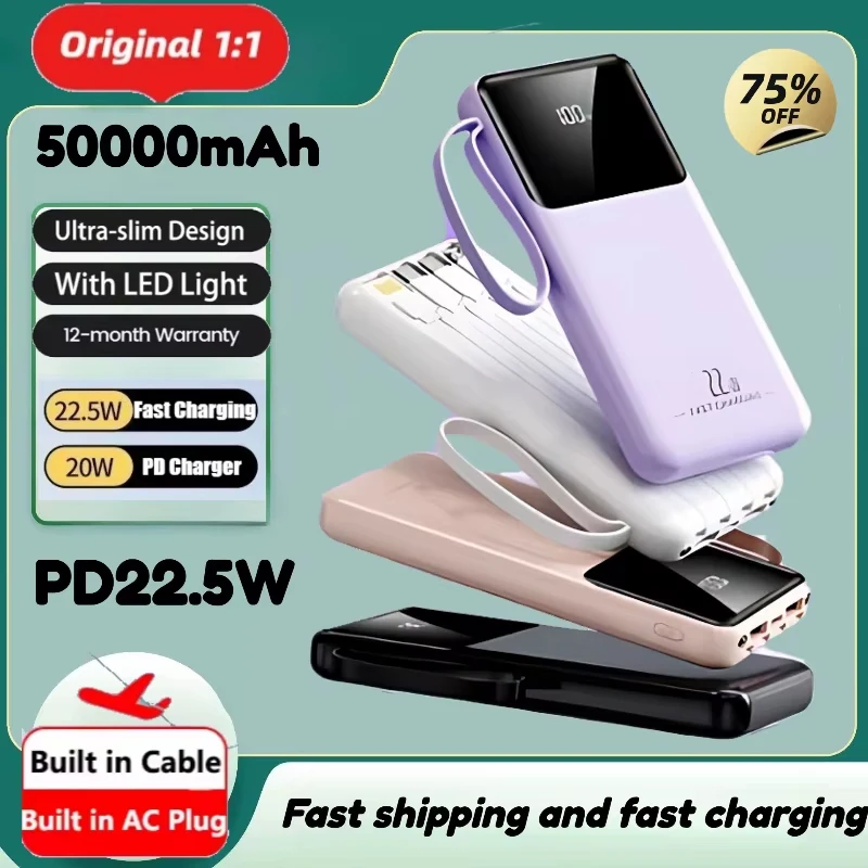 New Portable Power Bank Comes with Cable 50000mAh Fast Charging External Battery Charger Cases for iPhone Series Xiaomi Samsung