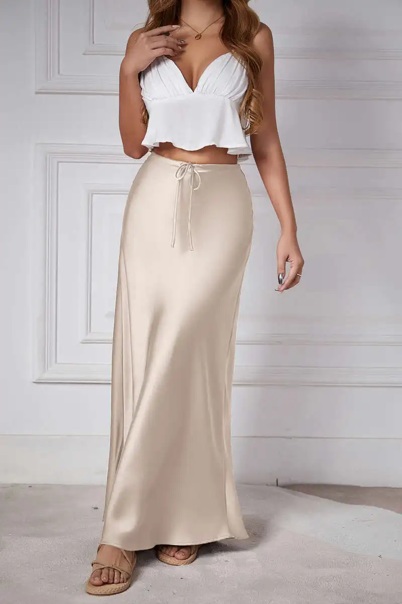 New In 2026 Women's Spring Summer Solid Color Satin Long Skirt High Waist Lace-up Trendy Elegant Faldas Female Beach Maxi Skirts