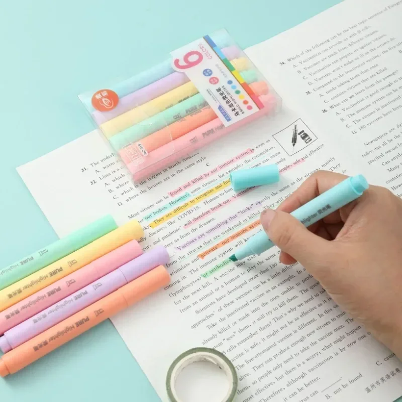 6Pcs/set Pastel Color Macaron Highlighter Pen Marker Pens Fluorescent Pen Drawing Highlighters Cute Stationery School Supplies