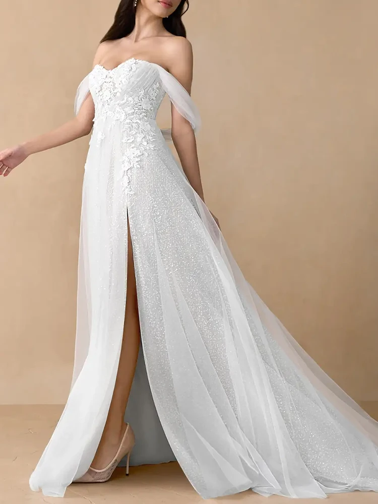 Vestido de novia de novia con cuentas de encaje de tul, corte en A, para playa, vestido romántico con abertura, vestido Formal de noche para fiesta y banquete