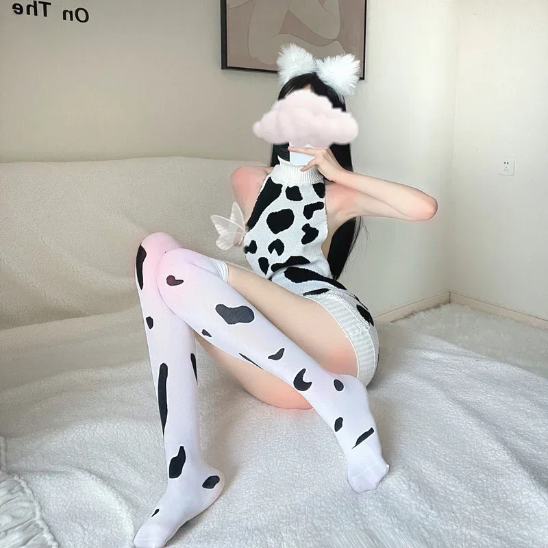 Sexy Lingerie Anime Cosplay Costumes Cow Girl Uniform Sweater Dress with Cow Print Suit Halloween Night Club Exotic Wear Women