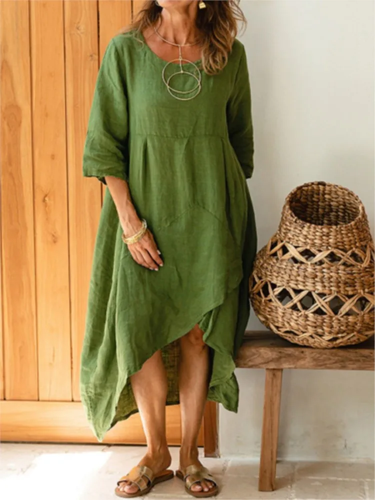 Women Autumn Summer Fashion O Neck Solid Pullover Dress 2024 Casual Loose Half Sleeve Irregular Dress Simple Linen Lady Dress