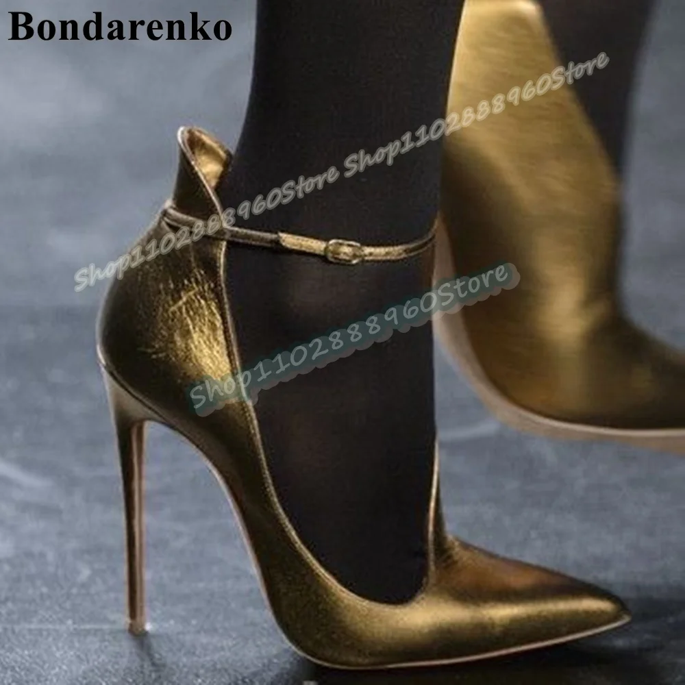

Bronze Metallic Leather Pointy Pumps Stilettos High Heel Shoes For Women Ankle Buckle Strap Pointed Toe Luxury Banquet Pumps
