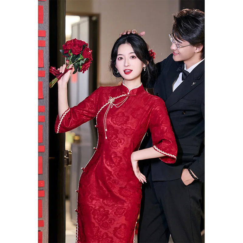 

Toast Dress Bridal Cheongsam Autumn Long Sleeve 2025 New Red Improved Jacquard Chinese Wedding Engagement Dress