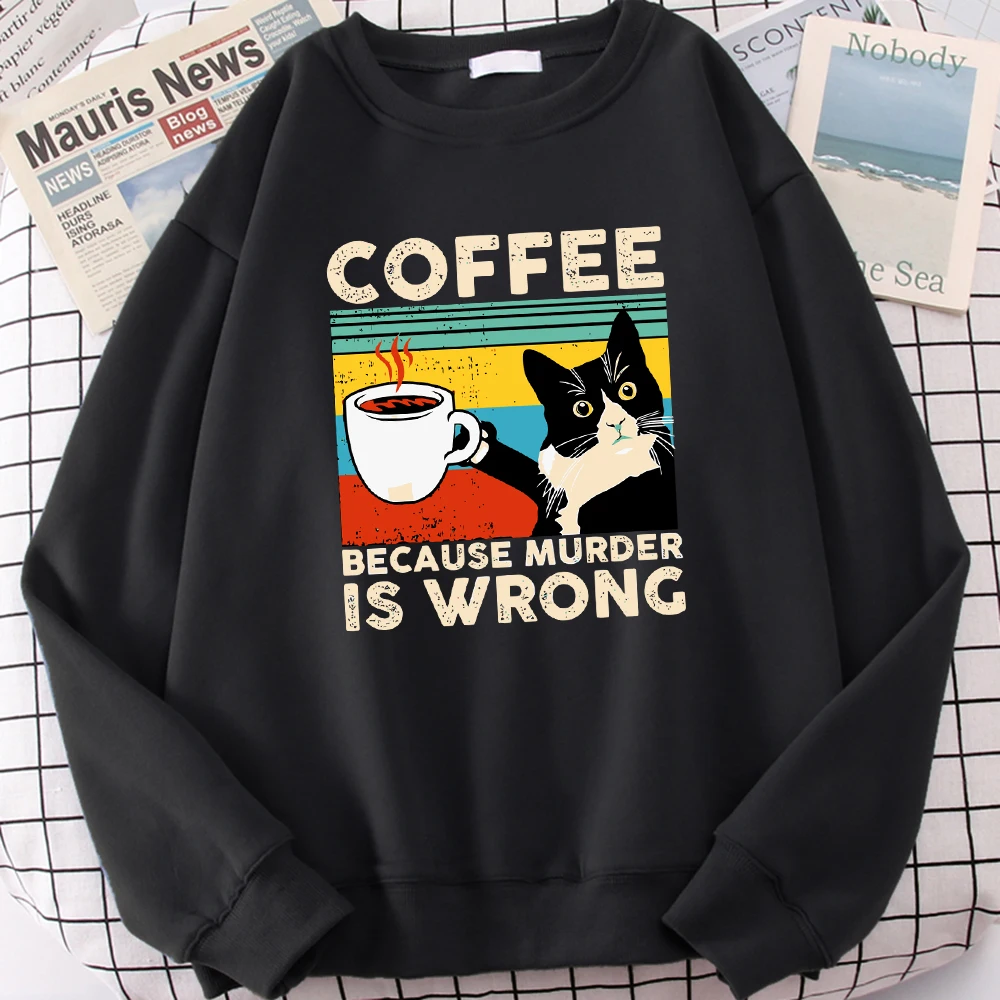 

A Cat That Drinks Coffee And Works Print Womens Pullovers Soft Fashion Sweatshirts Autumn Loose Tracksuit Trendy Fleece Clothing