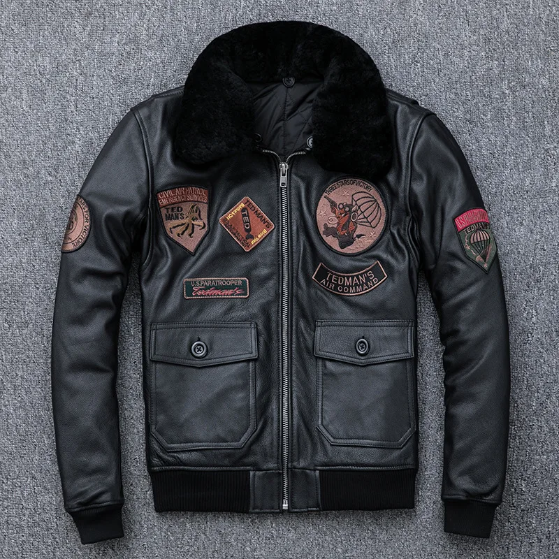 Air Force Flight Jacket Fur Collar Genuine Top Layer Cow Leather Jacket Men Black Cow Coat Men's Winter Jacket 정품 가죽