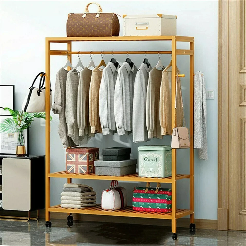 Clothing Rack for Hanging Clothes with Hooks, Multi-functional Bedroom Clothes Rack Bamboo Garment