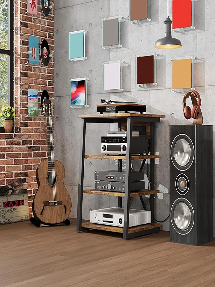 AV Media Stand with Power Outlet, 4-Tier Media Console Stereo Stand with Adjustable Shelves, Corner Audio Rack Tower for TV Box