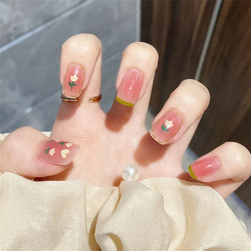 24pcs/set tulip fake nails blush-stained French false nails full coverage acrylic press on nail art decoration finished products