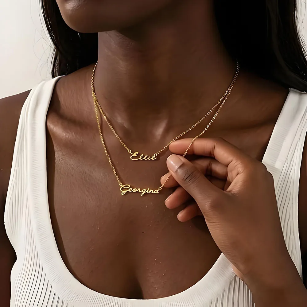 Custom Name Necklace 18K Gold Plated Dainty Cursive Script Pendant Thin Chain Minimalist Personalized Jewelry Birthday Wedding A