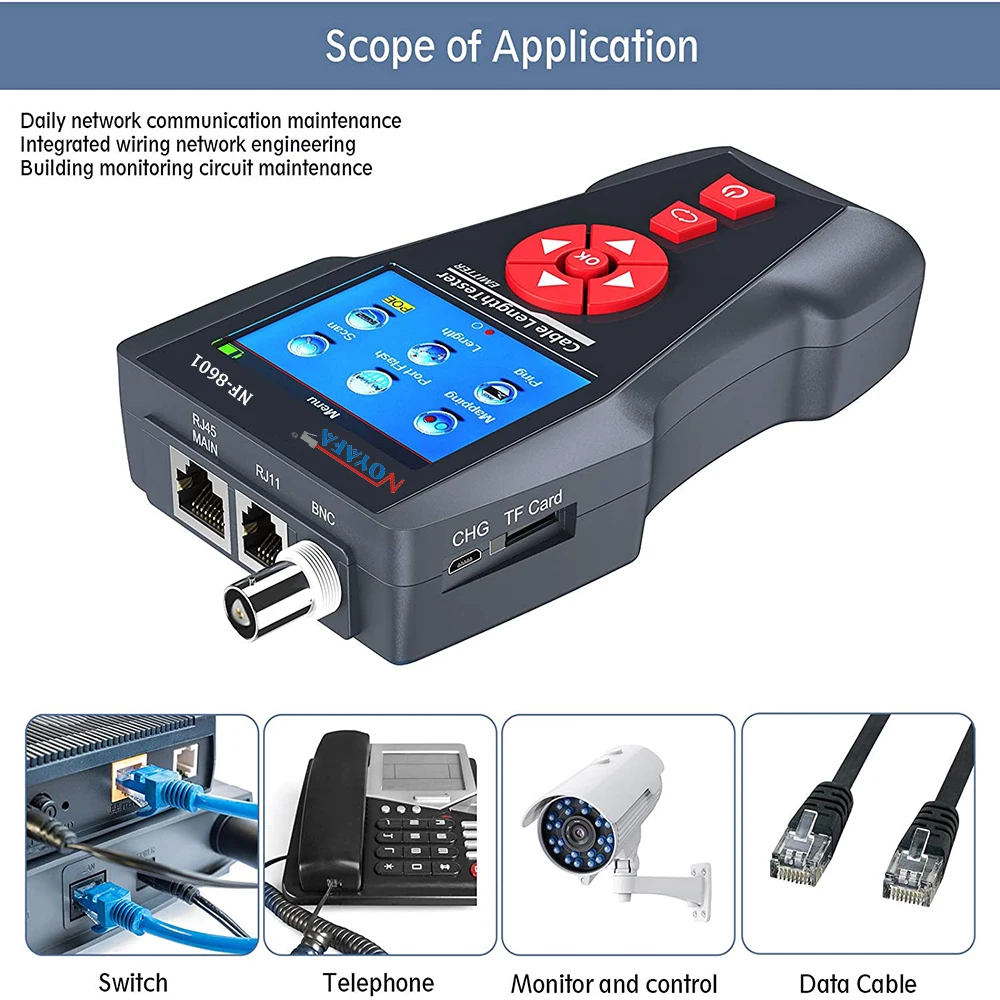 Noyafa-多目的有線ネットワークケーブルテスター,NF-8601W rj45,ケーブルの長さ,8本の取り外しケーブル,ネットワークトラッカー