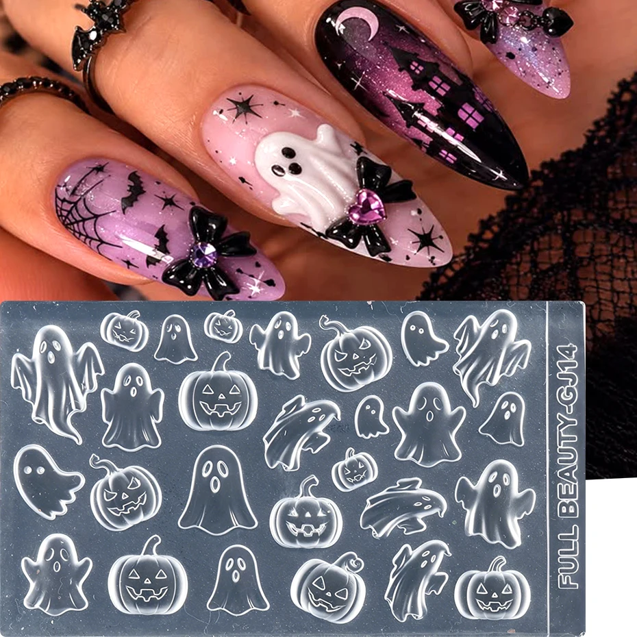 Pumpkin Ghost 3D Nail Charms Silicone Nail Mold Cute Cartoon Halloween Nail Art Molds Nail Jewelry Making Manicure Decorations
