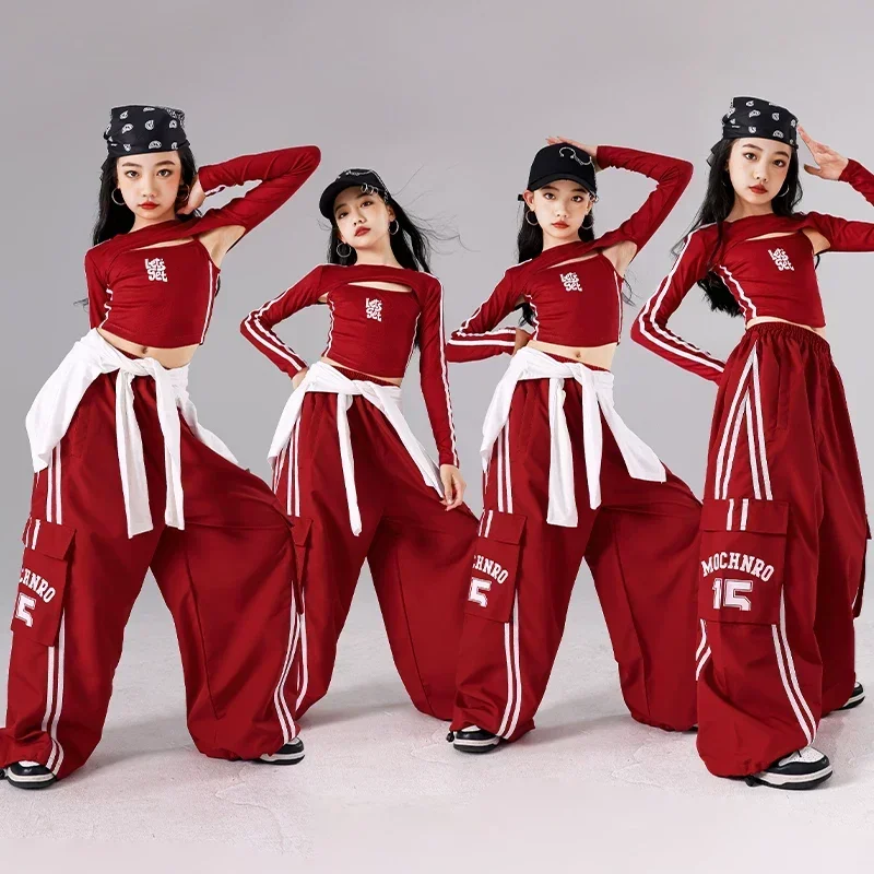 Girls Hip Hop Street Dance Costume Red Vest Loose Pants 2025 Performance Modern Dancing Clothes Sets Teenagers Jazz Stage Outfit