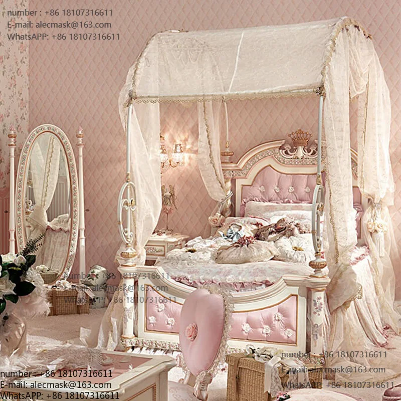

French Girls Princess Hand Painted Crown Single Bed Solid Wood Bed French Luxury Shelf Bedroom Furniture