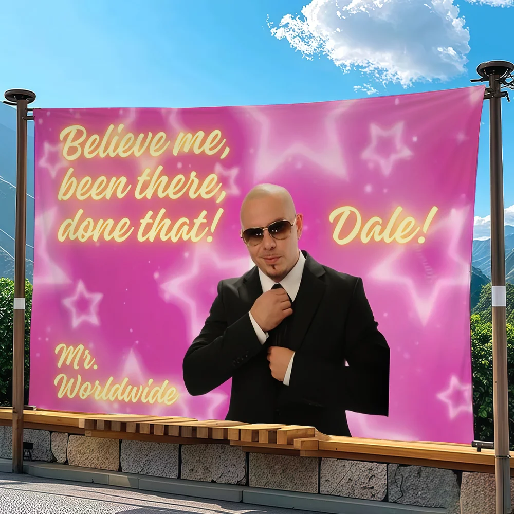 Funny Pitbull Mr. Worldwide Meme flag Advertising Banner for Camping Decoration Outdoor & Garage Wall Hanging Decorations