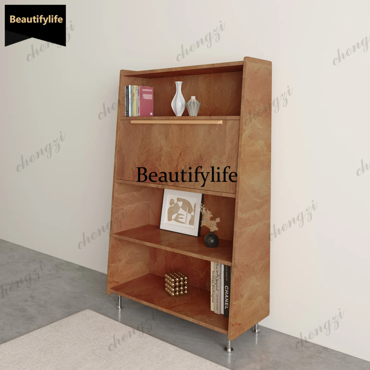 Retro style bookshelf Open multi-layer storage cabinet Public reading area Shelf Storage magazine rack b567