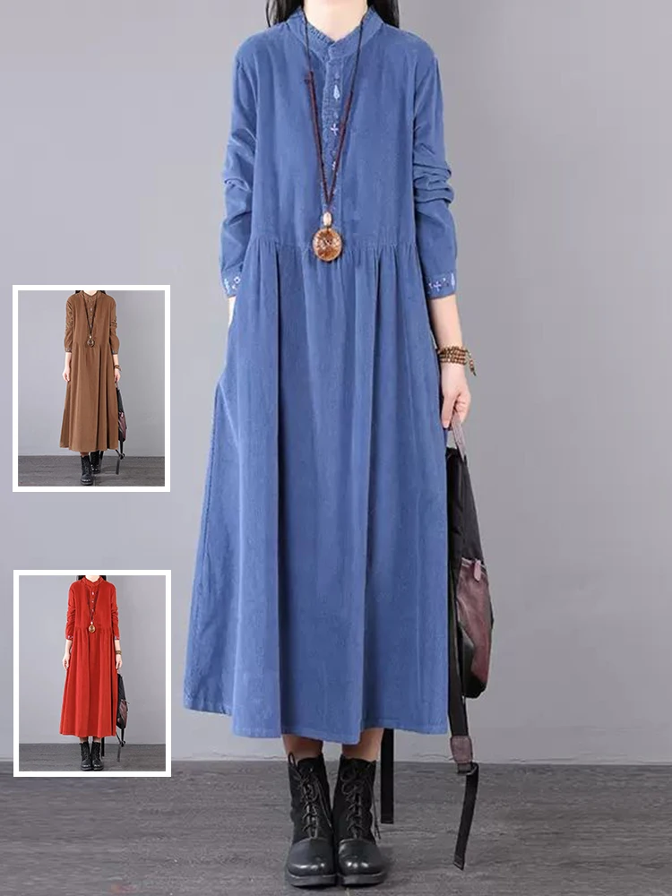 

Retro Embroidered Corduroy Long Sve Dr Stand Collar A-Line irt Skirt plus Size Women's Casual Loose Fit Winter Dr