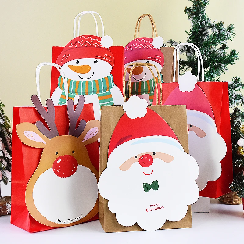 10pcs Christmas Kraft Paper Gift Bag Cartoon Santa Claus Candy Biscuit Gift Bag Merry Christmas Decor for Home Navidad New Year