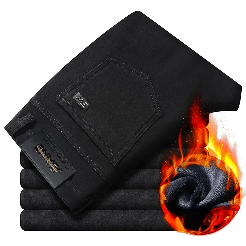 2024 الشتاء الصوف سميكة الدافئة الجينز الرجال ضئيلة مستقيم مطاطا الدنيم السراويل موضة غير رسمية السراويل الذكور نقية الأسود الرجال الملابس #2