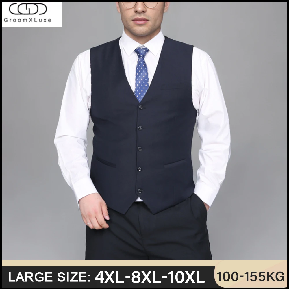 GROOMXLUXE Formal Suit Vest for Men Elegant Button Up Vest Black Oversized Adjustable Waist Band Tank Top 10XL 9XL 8XL 7xL 150KG