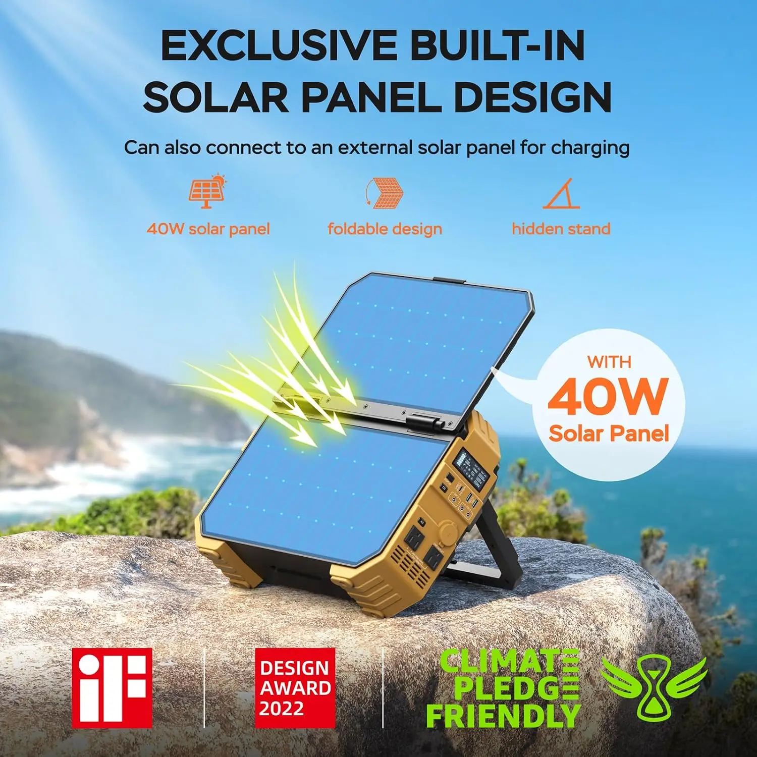 Portable Power Station 1600W Peak 3200W Built In Solar Panel 1024Wh LiFePO4 Battery 100W USB C Fast Charge Solar Generator Home