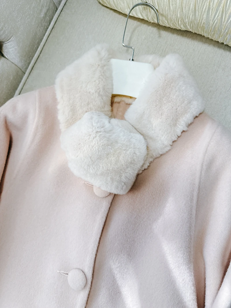 Ele الوردي الأرنب الفراء طوق الوجهين الصوفية معطف طويل خمر لطيف ميسي برينك Sle المرأة Faion معطف الشتاء