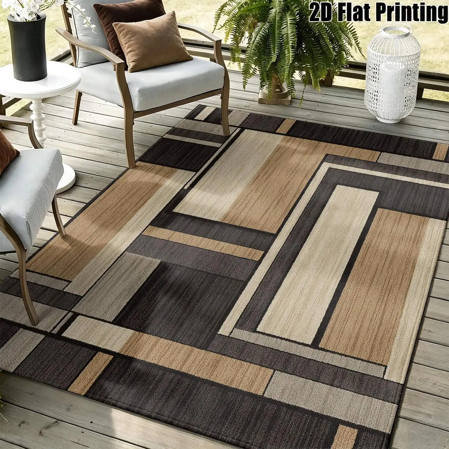 1Pc 2D Printed Nordic-Style Carpet, Brown-Grey Geometric Patchwork Pattern, Modern Minimalist, Machine Washable, Multi-Size, Suitable for Home Decoration, Entrance/Dining Room/Bedroom/Living Room Use