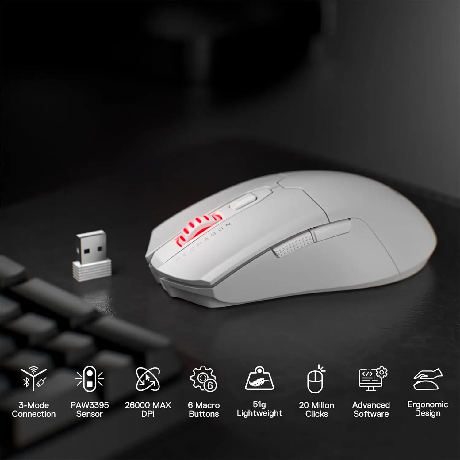 Imagem -04 - Mouse para Jogos sem Fio Modos 2.4ghz com Fio bt 26000 Dpi Mouse Óptico Gamer Botões Programáveis Redragon-m995
