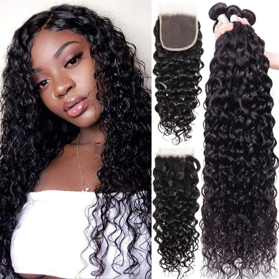 

Water Wave Bundles With Frontal Wet and Wavy Virgin Curly Loose Deep Human Hair Bundles With HD TransparentClosure Peruvian Hair