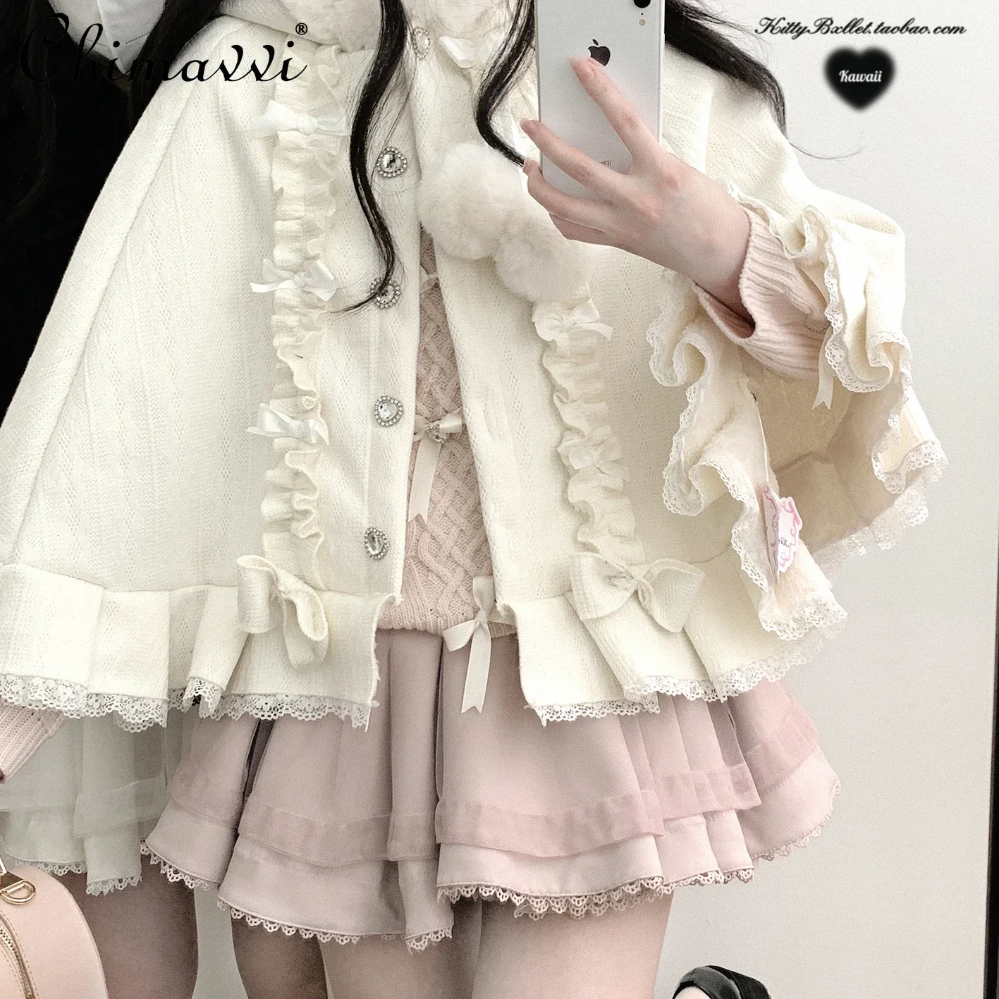 

Sweet Girl Kawaii Diamond Buckle Cape Jacket Autumn and Winter Japanese Mines Loose Cute Bow Hooded Velvet Small Shawl Coat