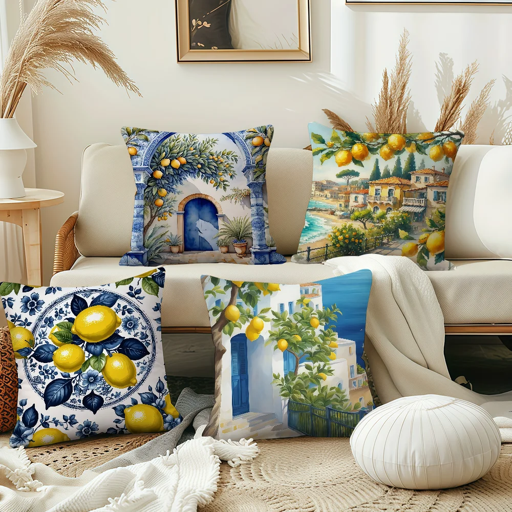 cushion cover Refreshing themed Pillowcase Double-Sided Printing Sofa Cushion Bedroom Lemon Bedside - PillowCover