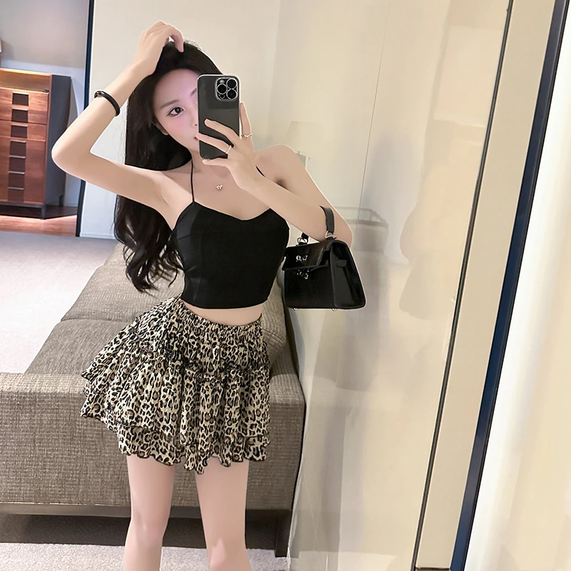 Hotsweet Mini Skirts Women High Waist Chiffon Faldas Summer Ruffles A-line Chic Design Leopard Youthful Aesthetic Korean Style