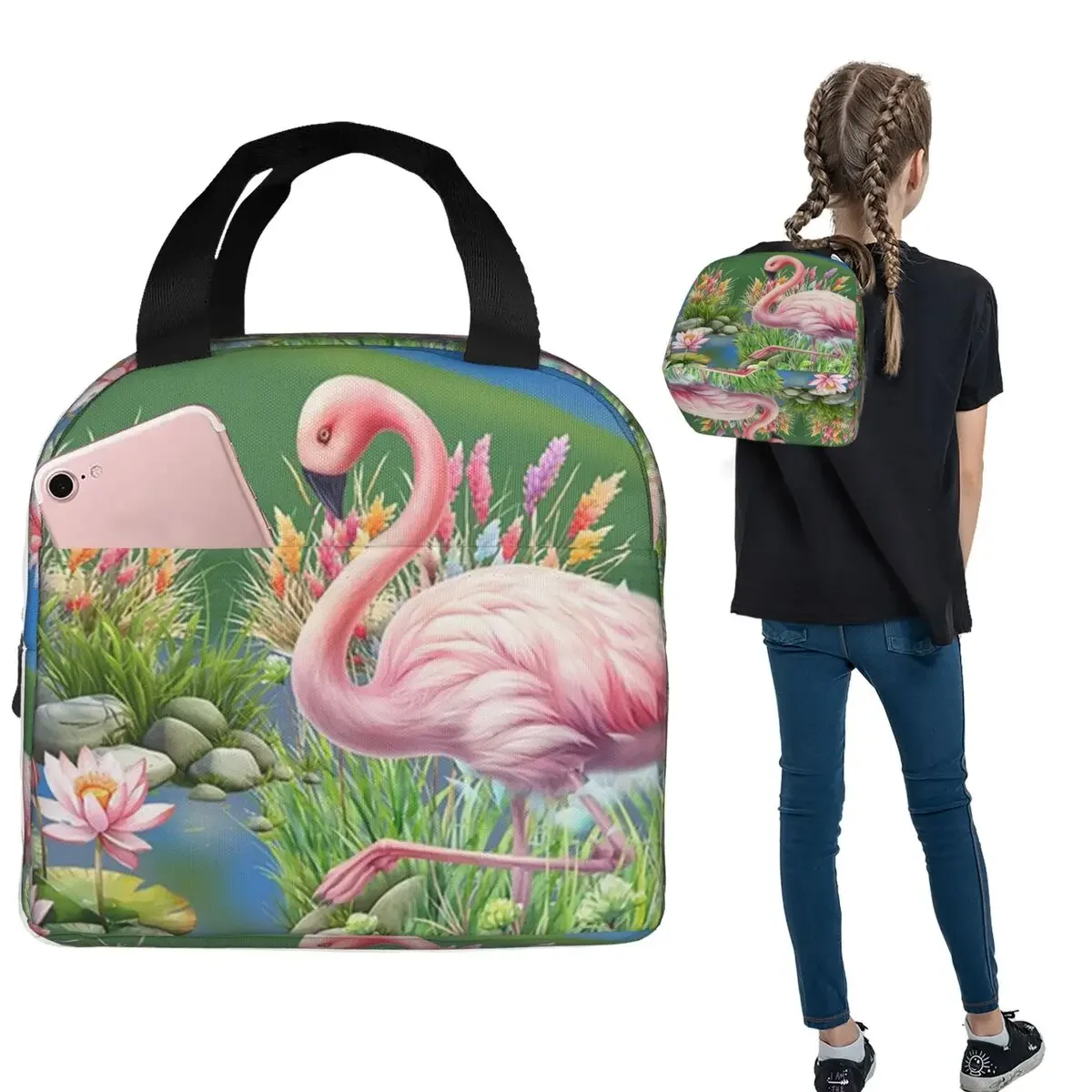 Flamingo In The Tropical Pond Insulated Lunch Bag for Women Kids Portable Food Boxes Thermal Lunch Box Tote