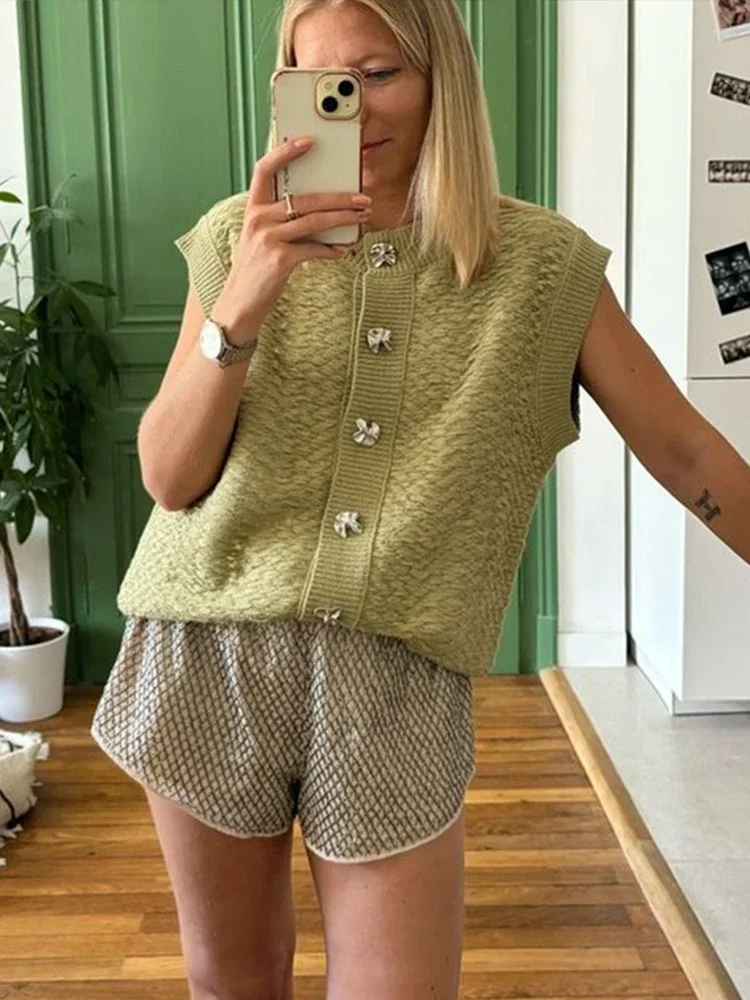 Casual Green Knitted Vests Sweater Women Chic Single-breasted Sleeveless O-neck Cardigan 2024 Autumn Lady High Street Knitwear