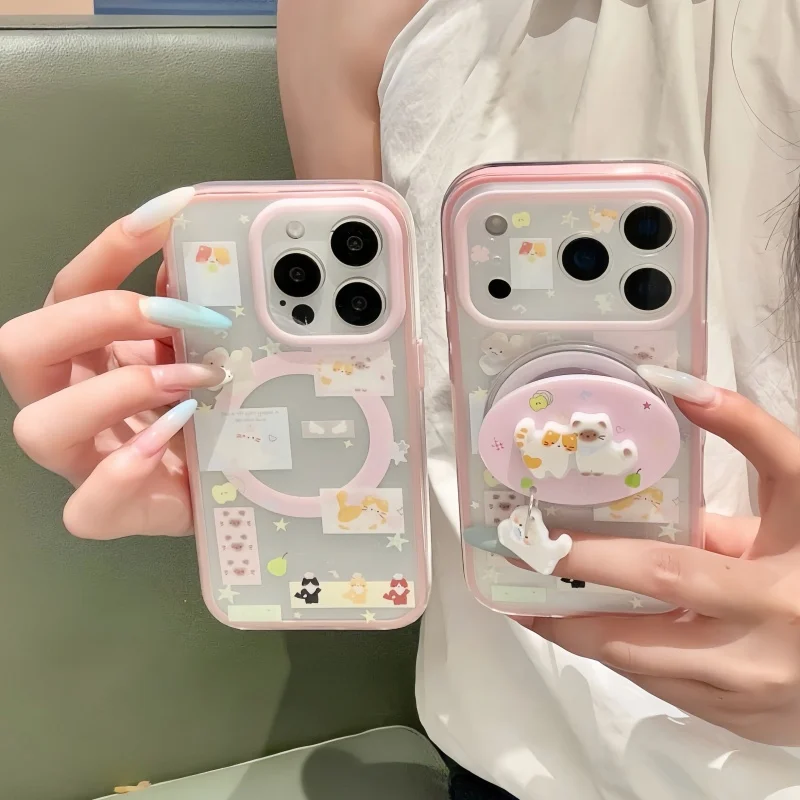 

Korean Pink Cartoon Cat Pattern Magnetic Phone Case For iPhone 17 Pro 16 15 Pro Max Cover with Stand Fashion Cute Cases For Appl