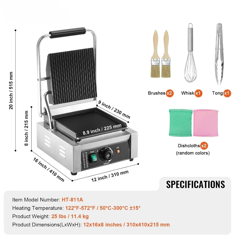 Steak Grill com controle Temp, placa plana de esmalte 9 "x 9", grelhadores de sanduíche de aço inoxidável, churrasqueira a gás portátil, 1800W