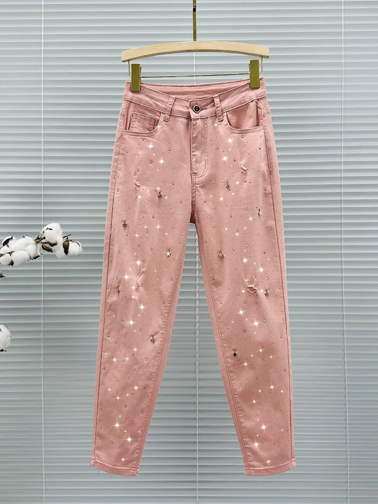 

Thin Jeans for Women 2024 Spring Summer Cotton Elastic High Waist Loose Slim European Goods Hot Drilling Harlan Cropped Pants