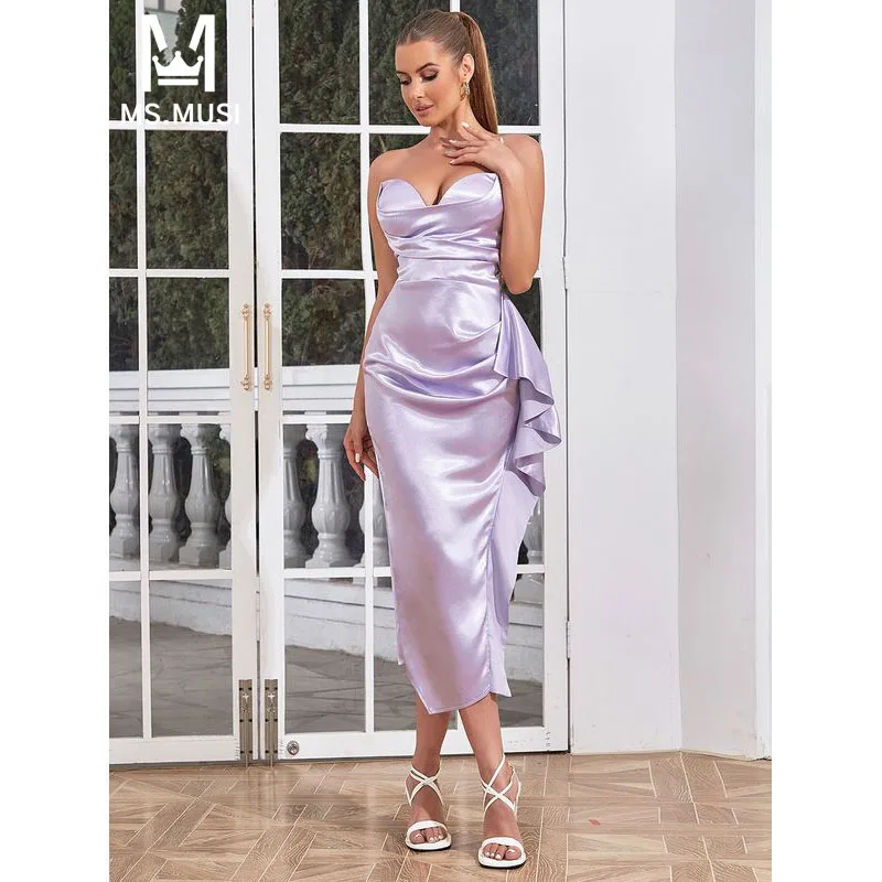 

MSMUSI 2024 New Fashion Women Sexy Solid Strapless Falbala Ruffles Draped Fold Sleeveless Bodycon Party Club Event Midi Dress