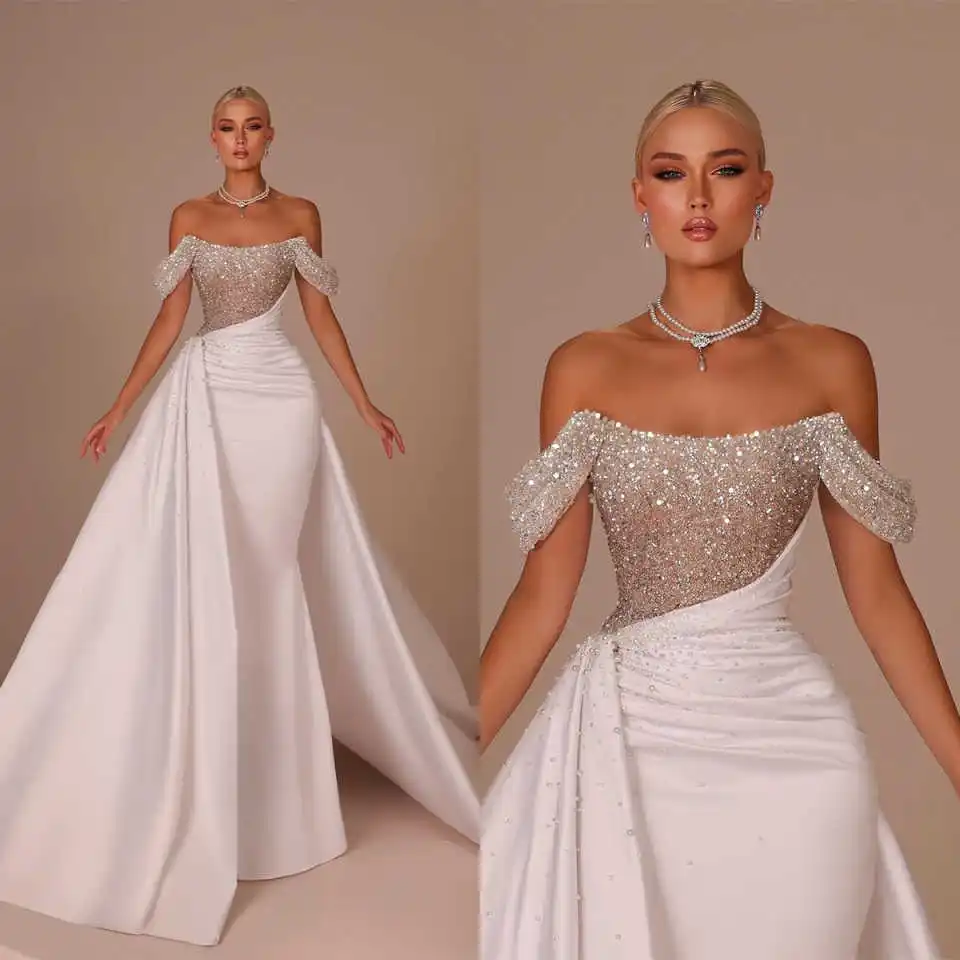 

Gorgeous Mermaid Wedding Dress Beaded Pearls Sequins Off Shoulder Bride Gowns Pleats Sweep Train Bridal Dresses Customized