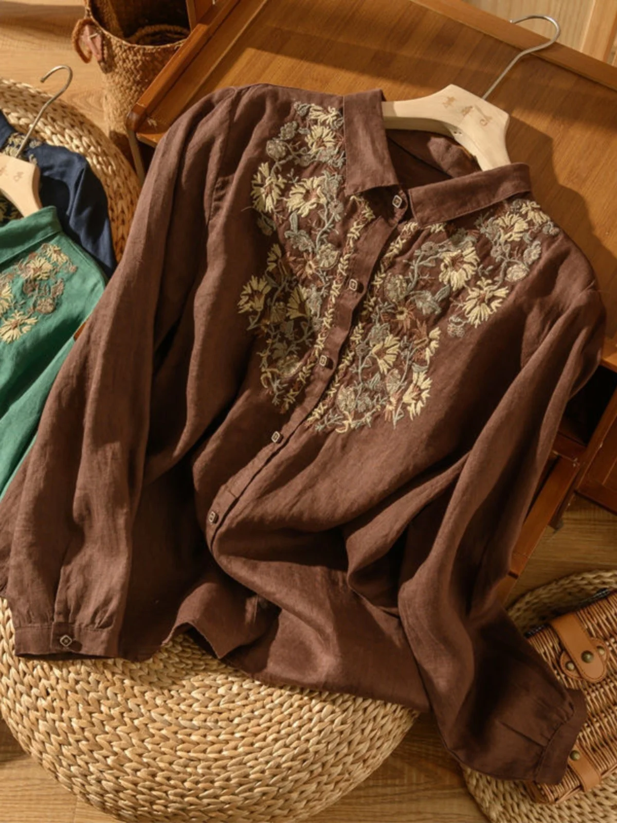 Artistiek Vintage Geborduurd Losvallend Linnen irt Dames Faion Afslanken Casual Binnenkleding Lente Seizoen Lang Sve