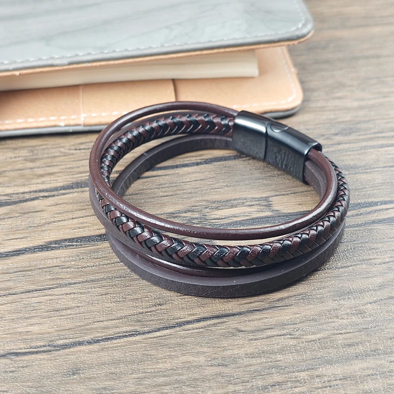 Vintage Herren Lederarmband Braun Geflochten Mehrschichtig Edelstahl-Verschluss Lässiges Armband Schmuck Geschenk für Freund – Detail 3