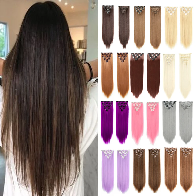 

7Pcs/Set 22inch Synthetic Clip On Hair Extension Straight Hairpiece Curly 16 Clips In Hair Ombre Heat Resistant Fiber