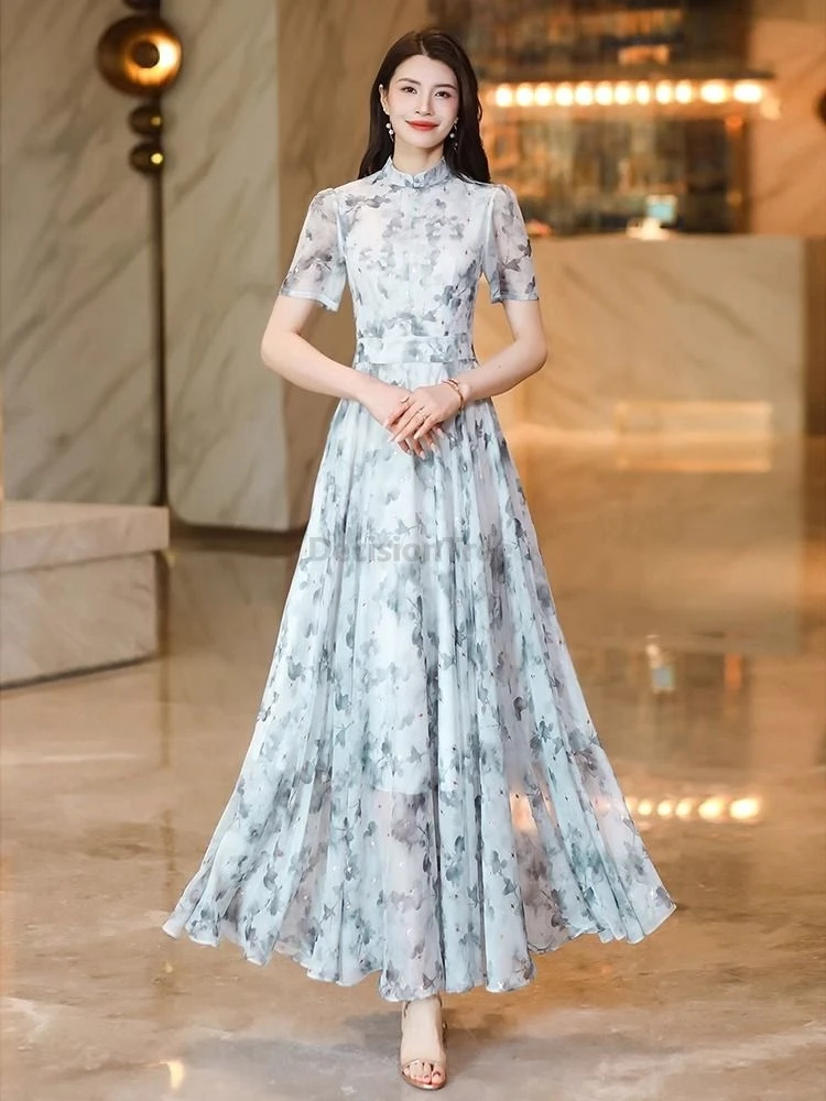 

2025 new chinese style fashionable ink printed chiffon dress retro temperament fairy robe elegant leisure daily women's dress