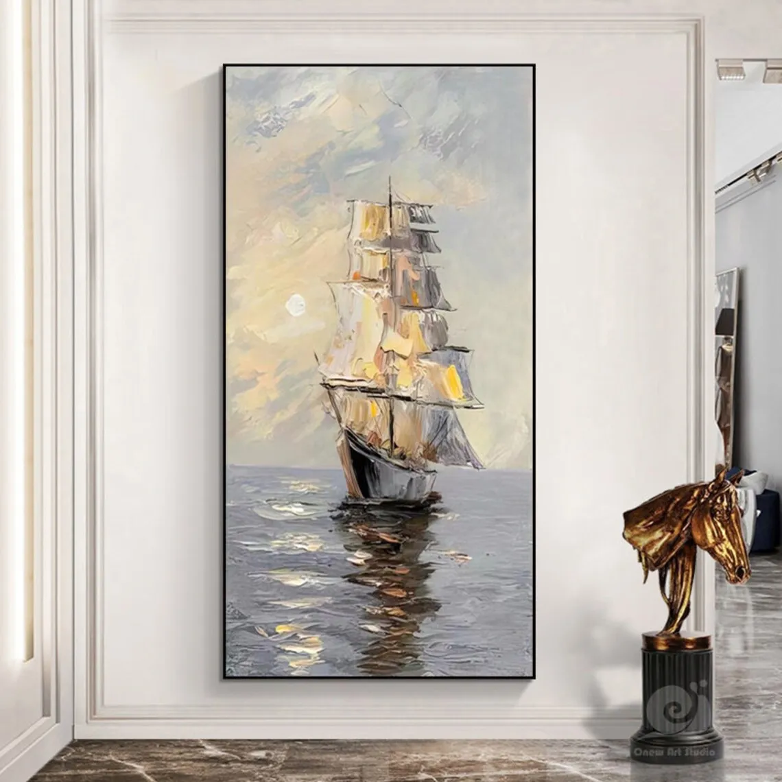 

Large Abstract Sailboat Oil Painting on Canvas Sunrise And Seascape Pictures Wall Art Modern Nautical Wall Art for Living Room