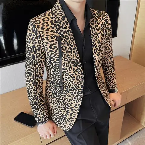 4-G10  High-end leopard print suit jacket for men trendy 2023 new Korean styleslim ritish style casual suit tops